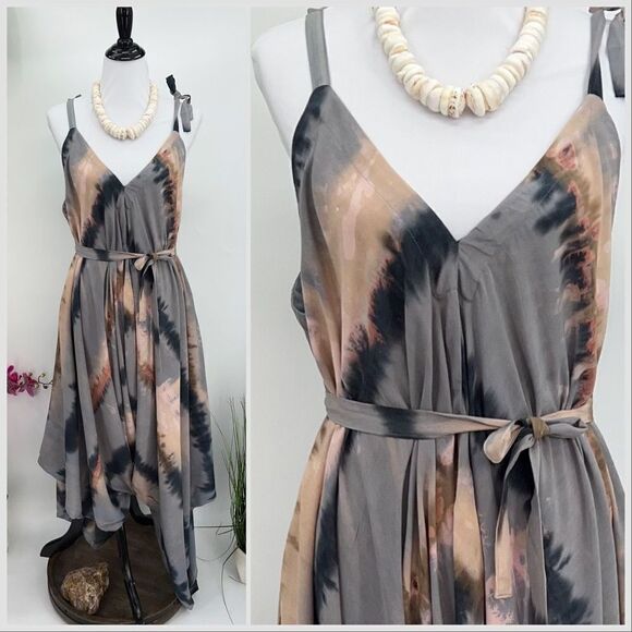 The Pō`alima Romper Cerulean Blue Gray/Pink/Charcoal Tropical Boho Wide Leg - Picture 2 of 11